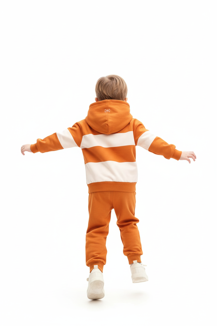 "Enfant 4-6 ans en pleine action vue de dos arrière - Ensemble sweat à capuche orange et blanc color block - Vue arrière complète montrant capuche orange, dos du sweat avec bandes horizontales orange et blanc, manches longues - Pantalon jogging orange uni - Liberté de mouvement totale pour jouer et courir - Fond blanc professionnel studio - Photo lifestyle e-commerce dos BabyCoton Suisse - Tenue sportive casual enfant"