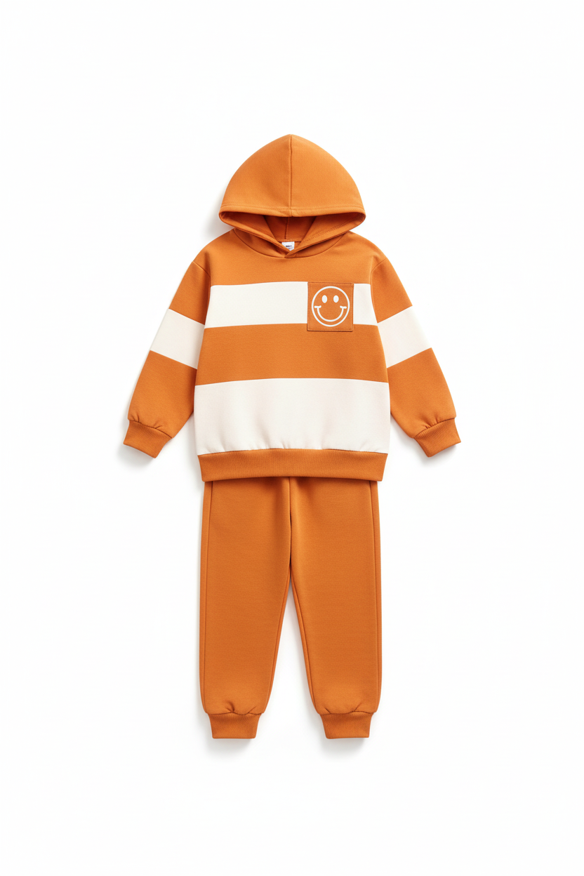 "Ensemble 2 pièces color block enfant - Vue de face complète à plat - Sweat à capuche orange et blanc avec larges bandes horizontales contrastantes, logo smiley blanc souriant sur poitrine, capuche orange vif, manches longues avec poignets élastiques orange, ourlet élastique - Pantalon jogging orange assorti avec taille élastique et chevilles resserrées - Ensemble complet coordonné - Fond blanc professionnel - Photo produit e-commerce BabyCoton"
