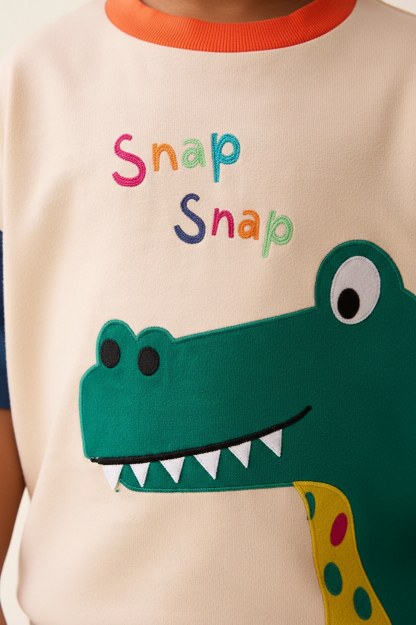 "Gros plan détail ensemble dinosaure - Appliqué dinosaure vert avec dents blanches triangulaires, œil noir, détails colorés (rouge, jaune) - Texte 'Snap Snap' en lettres colorées multicolores (rose, bleu, vert) au-dessus - Col rond orange vif visible - Manches bleu marine - Détails finitions qualité artisanale - Fond blanc studio - Photo détail produit e-commerce BabyCoton Suisse"
