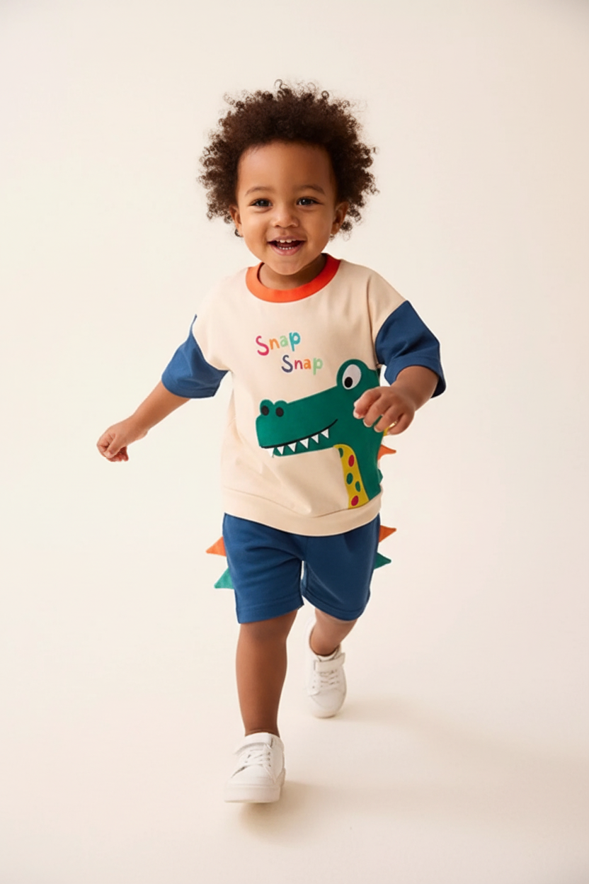  "Enfant 2-3 ans courant joyeusement en plein mouvement - Ensemble 2 pièces dinosaure sweat beige crème avec texte coloré 'Snap Snap' multicolore (rose, bleu, vert), appliqué dinosaure vert avec dents blanches et détails colorés, manches courtes bleu marine contrastantes, col rond orange - Short assorti bleu marine avec pointes de dinosaure colorées (orange, vert, rouge) au dos - Vue de face complète corps entier - Bras qui bougent naturellement - Tenue ludique et confortable - Fond blanc studio professionn