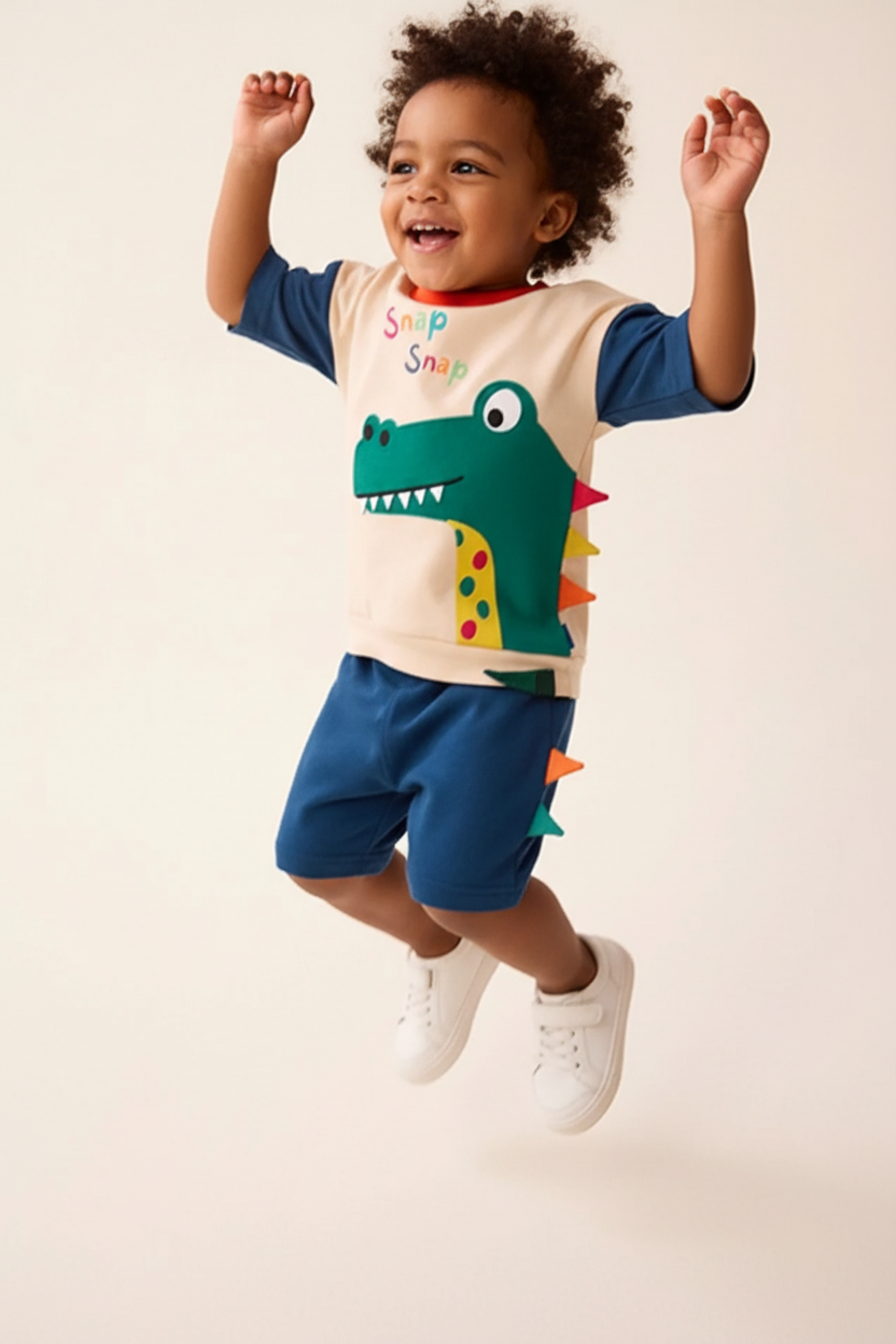 "Enfant 3 ans sautant de joie bras levés - Ensemble dinosaure 2 pièces sweat crème avec appliqué dinosaure vert mignon, texte 'Snap Snap' en lettres colorées arc-en-ciel, manches bleu marine, col orange vif - Short bleu marine coordonné avec pointes dinosaure multicolores au dos - Vue trois-quarts angle diagonal montrant mouvement dynamique - Tenue playful et amusante - Fond blanc studio professionnel - Photo produit lifestyle action BabyCoton Suisse - Style aventurier pour bébé garçon 18 mois-4 ans"