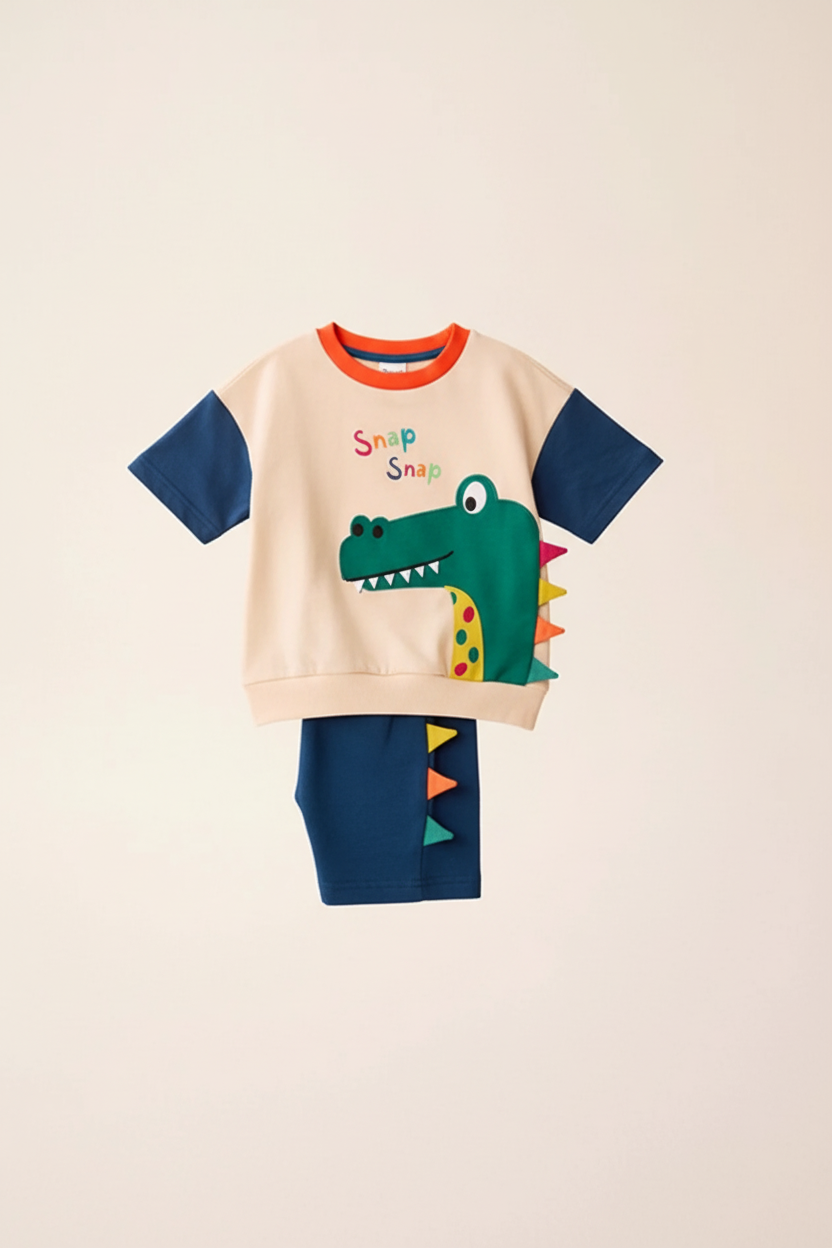 "Ensemble 2 pièces dinosaure enfant - Vue latérale de côté montrant sweat crème beige avec appliqué dinosaure vert et short bleu marine - Silhouette complète de l'ensemble - Coupe confortable visible - Fond blanc professionnel - Photo produit e-commerce BabyCoton"