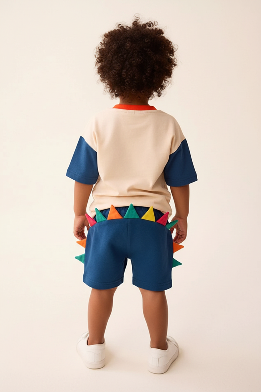  "Ensemble dinosaure 2 pièces - Vue de dos complète montrant short bleu marine avec pointes de dinosaure colorées cousues (orange vif, vert, rouge) imitant queue de dinosaure - Sweat beige crème dos uni avec manches bleu marine - Détails dos visibles - Fond blanc studio - Photo produit e-commerce professionnel BabyCoton Suisse"