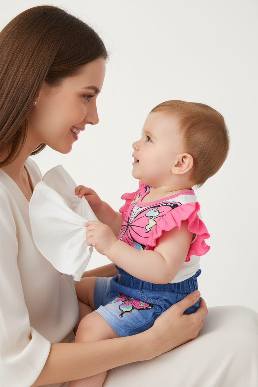 Ensemble fille papillon blanc rose — top manches volantées et short jean bleu, lifestyle intime maman et bébé fond blanc