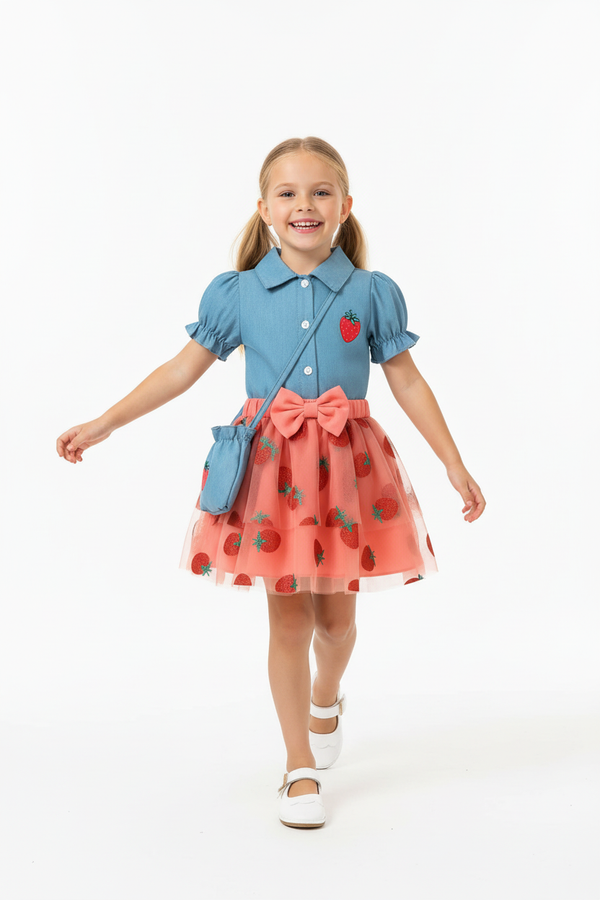 Image 1: Petite fille portant ensemble 3 pièces haut bleu broderie fraise, jupe corail imprimé fraises et sac assorti - Vue de face
