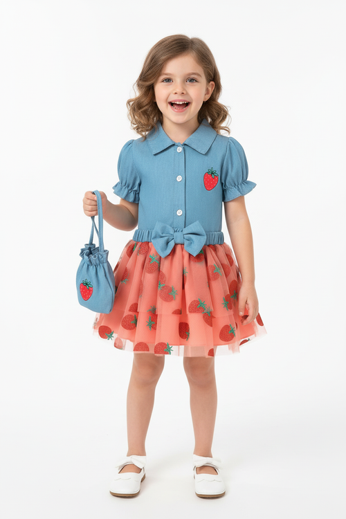 Image 1: Petite fille portant ensemble 3 pièces haut bleu broderie fraise, jupe corail imprimé fraises et sac assorti - Vue de face
