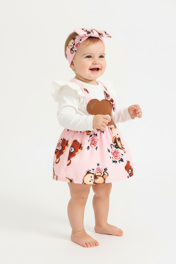 "Bébé fille 18-24 mois en pose mignonne - Ensemble 3 pièces body blanc avec manches volantées, appliqué ourson marron adorable, jupe rose poudré à bretelles avec imprimé oursons beiges et roses roses, bandeau élastique rose avec nœud et oursons - Vue de profil latérale montrant silhouette complète de l'ensemble - Coupe confortable douce - Mouvement naturel adorable - Fond blanc studio professionnel - Photo produit lifestyle premium BabyCoton Suisse - Style ourson tendre bébé fille 6-24 mois"