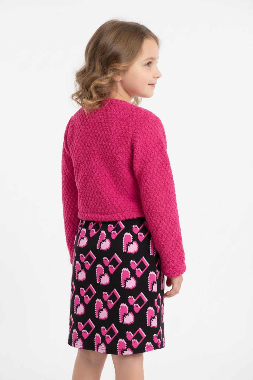Ensemble robe cœurs roses et cardigan fuchsia - vue arrière