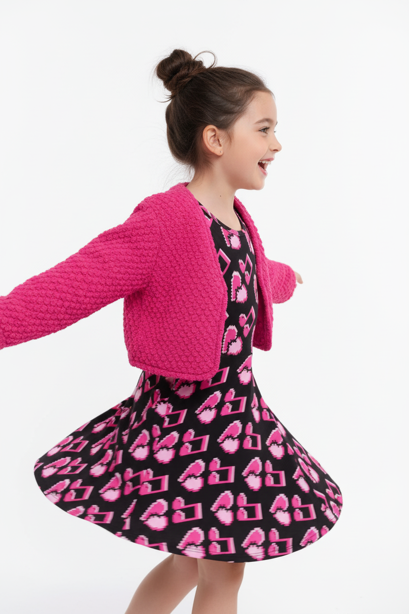 Fillette en mouvement portant robe à cœurs roses et cardigan rose vif texturé - Vue de côté

