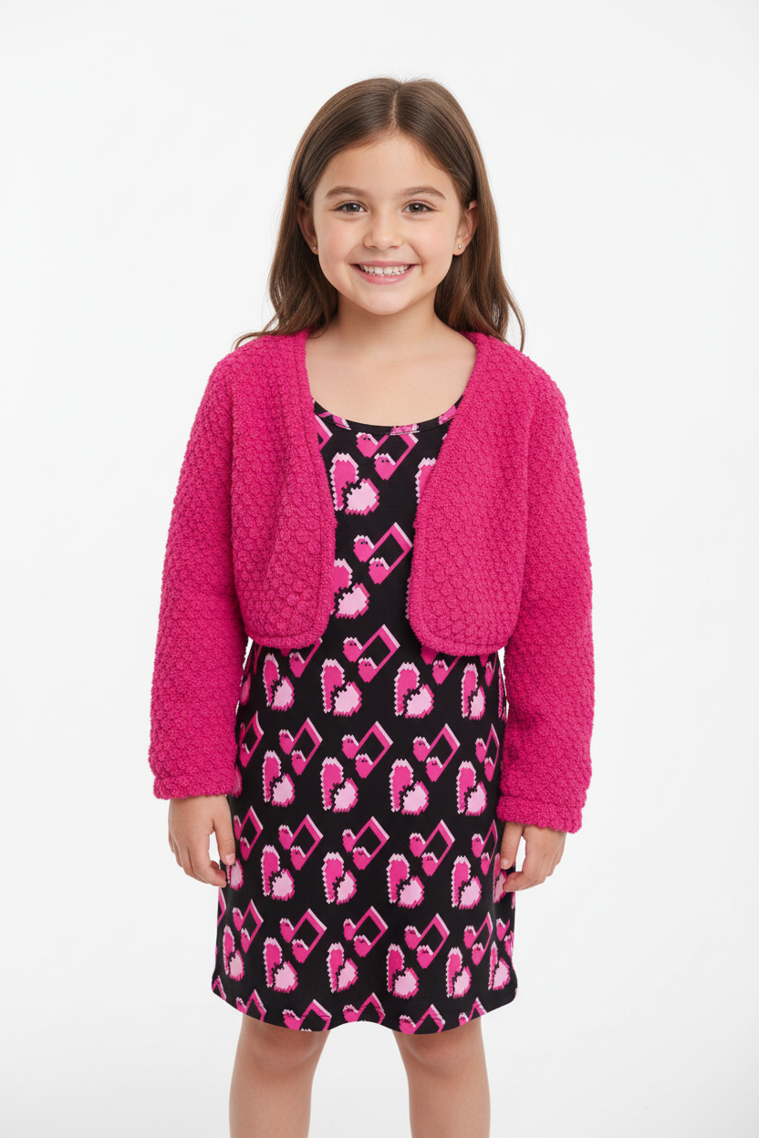 Ensemble robe cœurs roses et cardigan fuchsia - vue de face