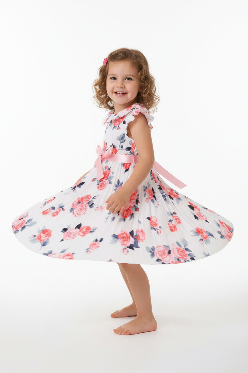 Fille en robe blanche plissée fleurie roses - pose pirouette montrant le mouvement de la jupe plissée - BabyCoton