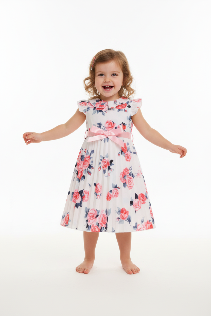 Fille en robe blanche plissée fleurie roses roses rouges feuilles bleues - col volant ceinture nœud satin rose - vue de face - BabyCoton