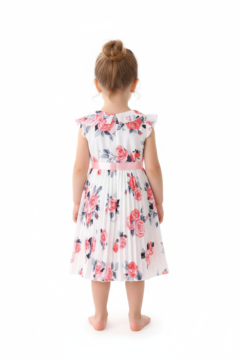 Fille en robe blanche plissée fleurie roses - vue de dos montrant col volant et jupe plissée évasée - BabyCoton