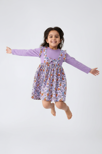 Robe Violette à Fleurs pour Fille - Ensemble 2 Pièces avec Nœud