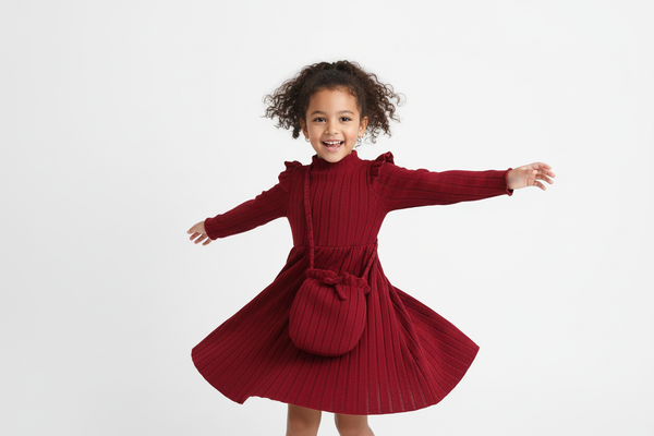Fillette dansant et tournoyant avec bonheur en portant une robe tricot côtelé rouge bordeaux à volants avec sac assorti
