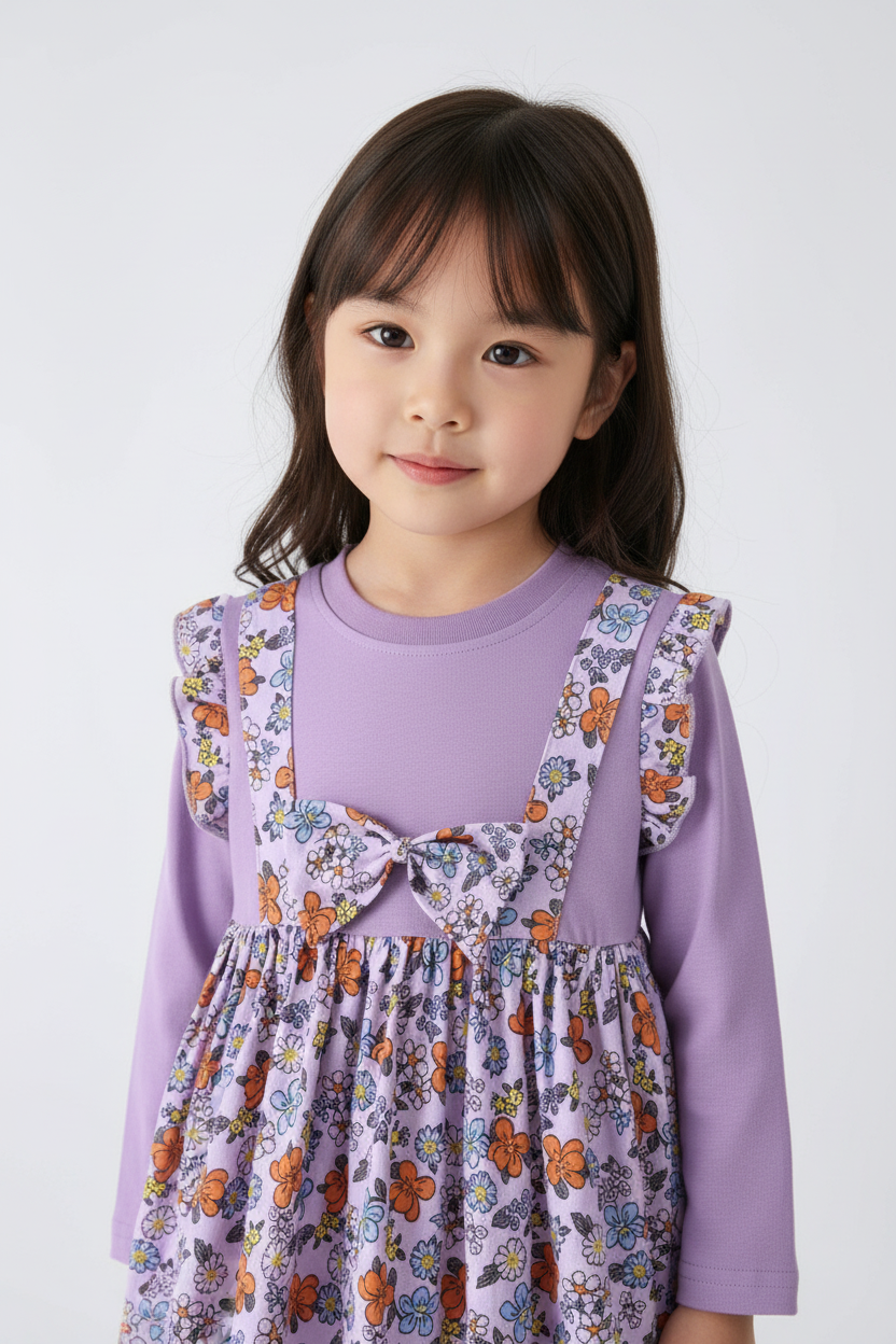 Fillette en robe violette à fleurs - détail du nœud