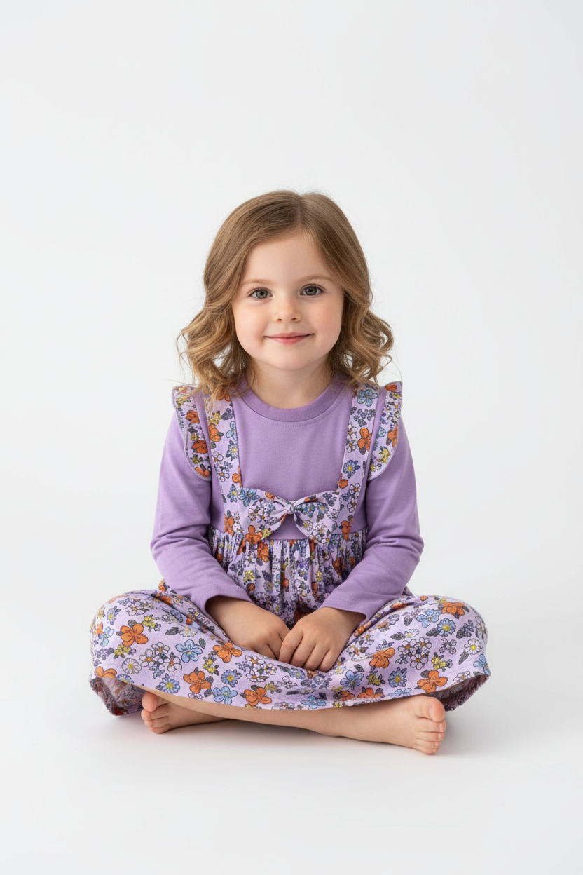 Fillette en robe violette à fleurs - pose assise
