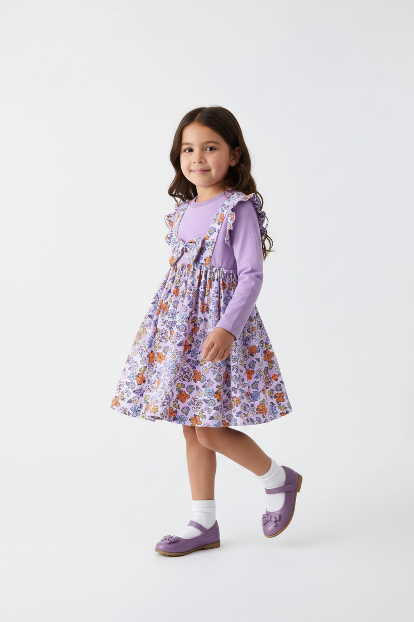 Fillette en robe violette à fleurs - pose en marche