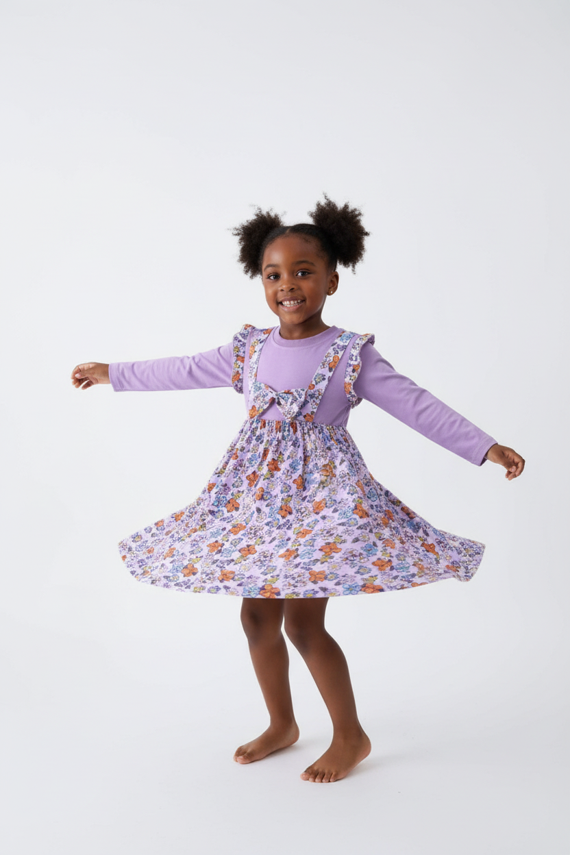 Fillette en robe violette à fleurs - pose tournoyante