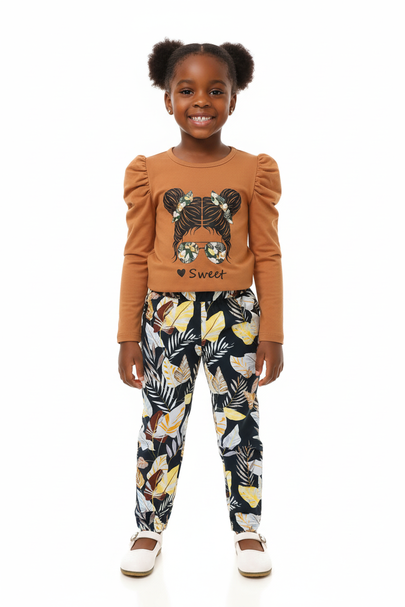 Fillette portant ensemble haut graphique manches longues et pantalon floral - vue de face fond blanc - style bohème-chic - photo produit BabyCoton Suisse
