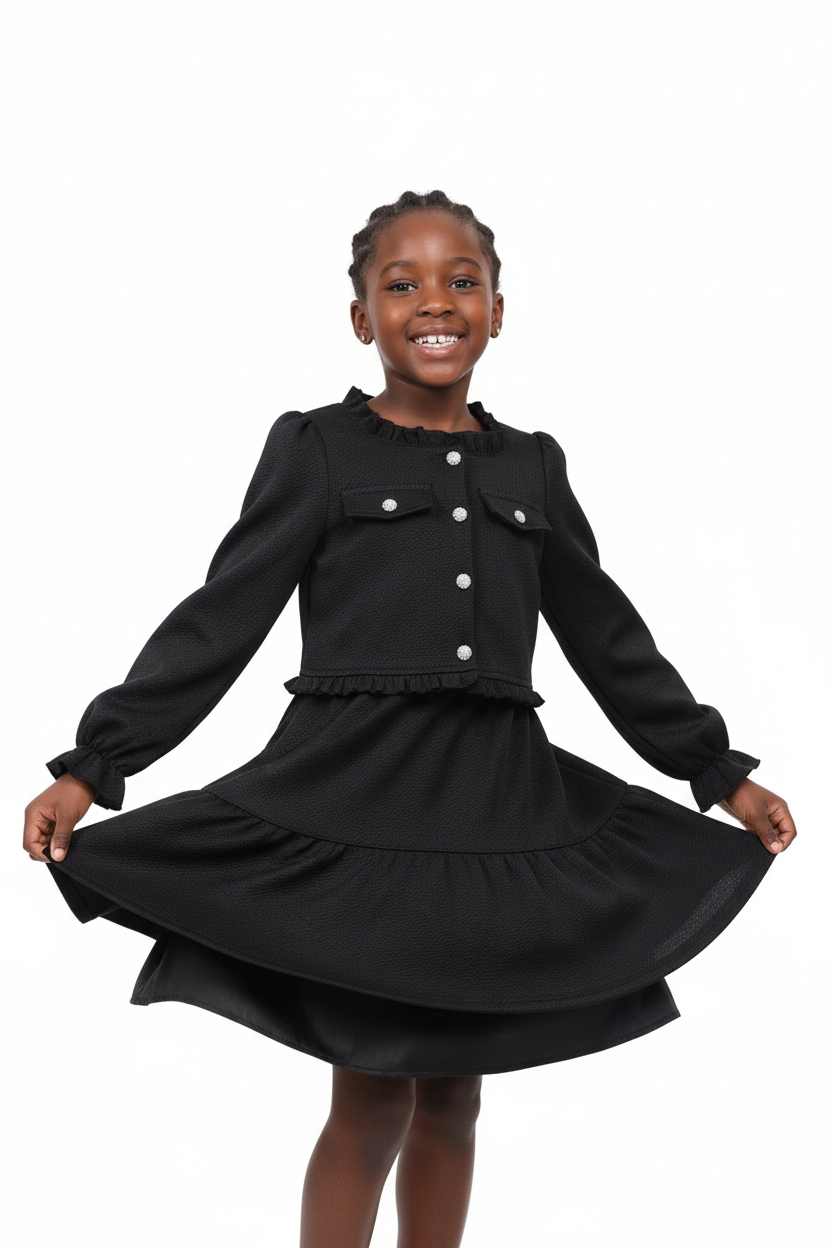 Fillette tournoyant dans ensemble haut volants jupe coordonnée - mouvement fluide élégant - style romantique féminin - photo lifestyle fond blanc - BabyCoton
