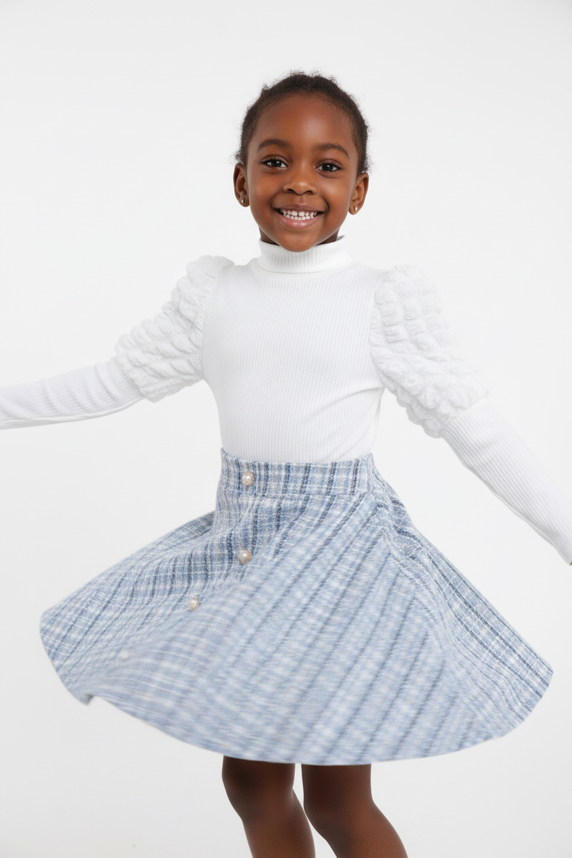 Fillette tournoyant dans ensemble haut manches bouffantes jupe carreaux - mouvement fluide élégant - style romantique champêtre - photo lifestyle fond blanc - BabyCoton
