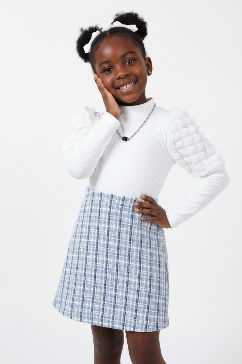 Fillette en ensemble haut manches bouffantes jupe carreaux - pose romantique élégante - style champêtre-chic féminin - photo lifestyle fond blanc - BabyCoton Suisse
