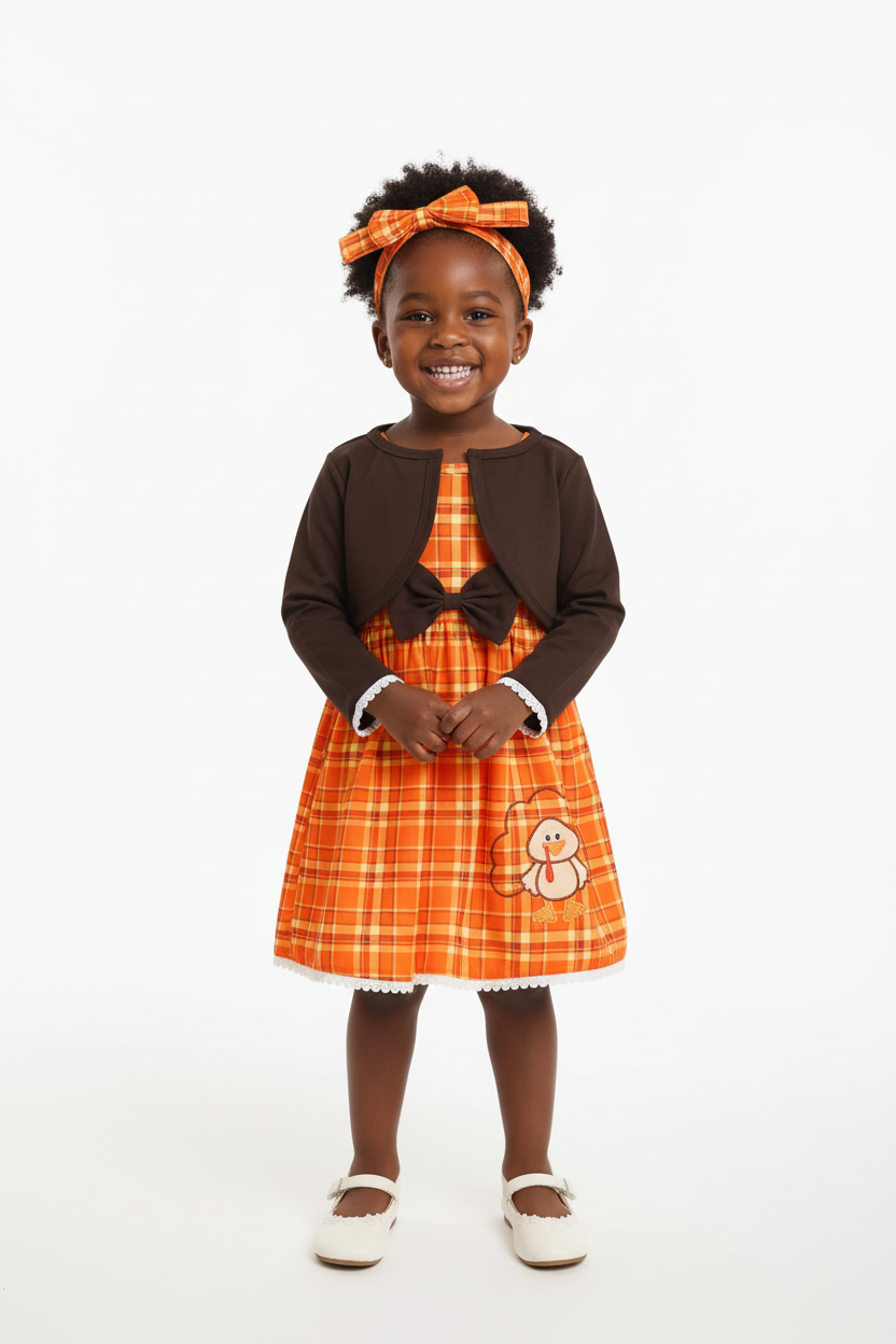 Fillette portant ensemble robe à carreaux dinde brodée et nœud 3 pièces - vue de face fond blanc - style festif Thanksgiving - photo produit BabyCoton Suisse
