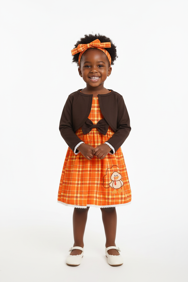 Fillette portant ensemble robe à carreaux dinde brodée et nœud 3 pièces - vue de face fond blanc - style festif Thanksgiving - photo produit BabyCoton Suisse
