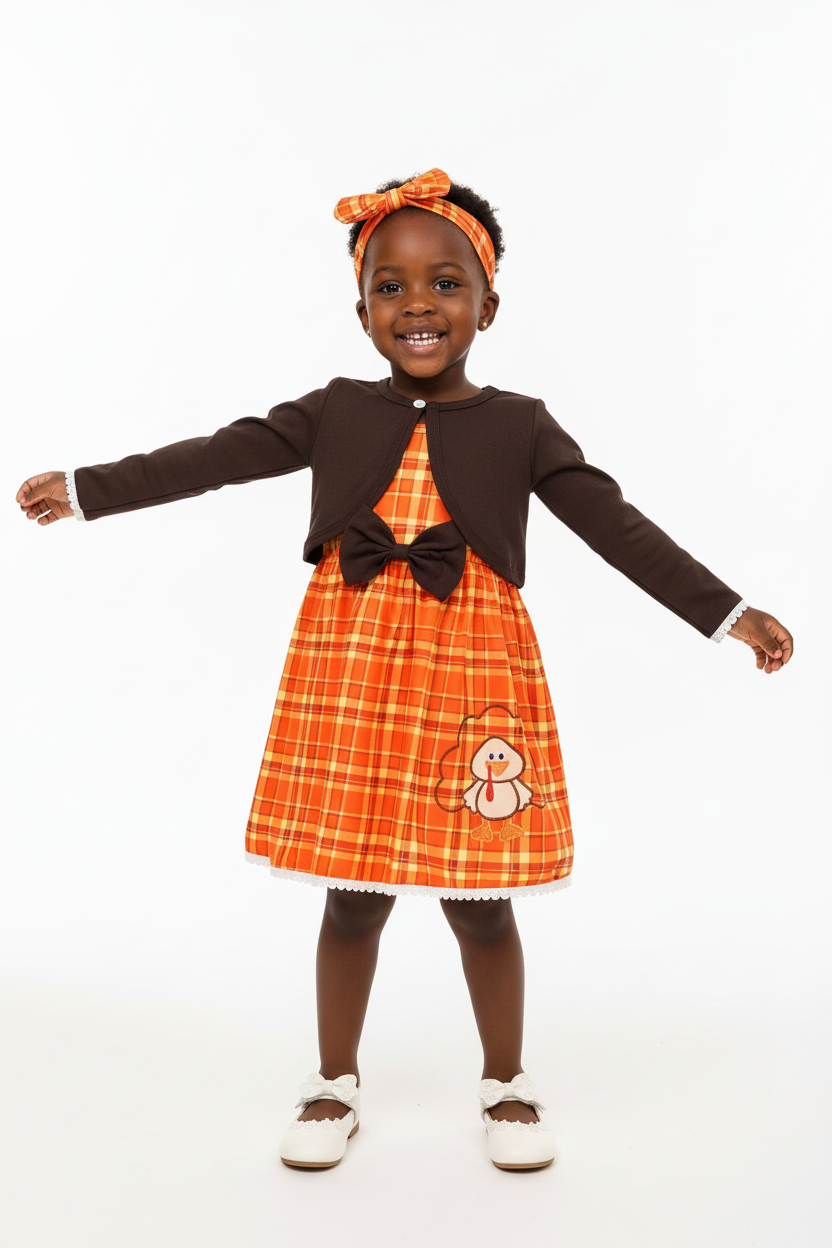 Fillette noire ensemble robe carreaux dinde festif