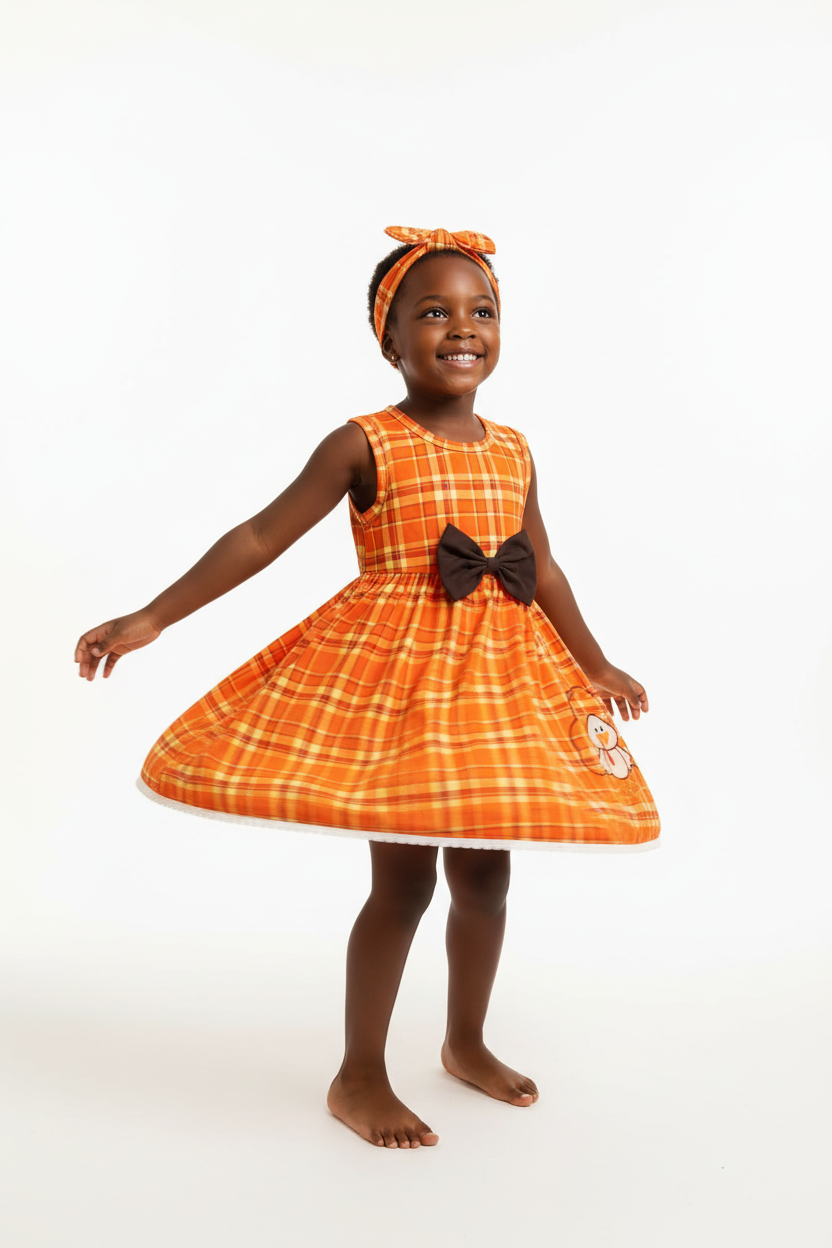 Fillette tournoyant dans ensemble robe carreaux dinde brodée nœud - mouvement fluide de la robe festive - photo lifestyle fond blanc - BabyCoton
