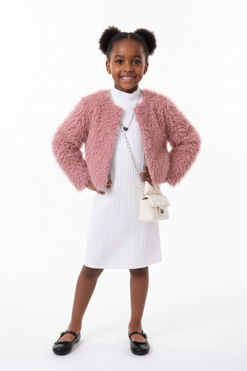 Fillette en ensemble veste fausse fourrure robe côtelée - pose glamour fashionista - style luxueux raffiné - photo lifestyle fond blanc - BabyCoton Suisse
