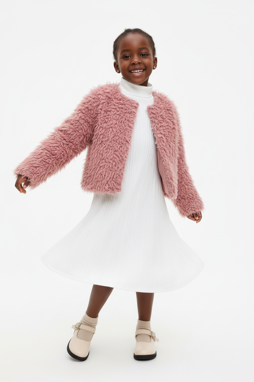 Fillette tournoyant dans ensemble veste fausse fourrure et robe côtelée - mouvement fluide élégant - style glamour luxueux - photo lifestyle fond blanc - BabyCoton Suisse
