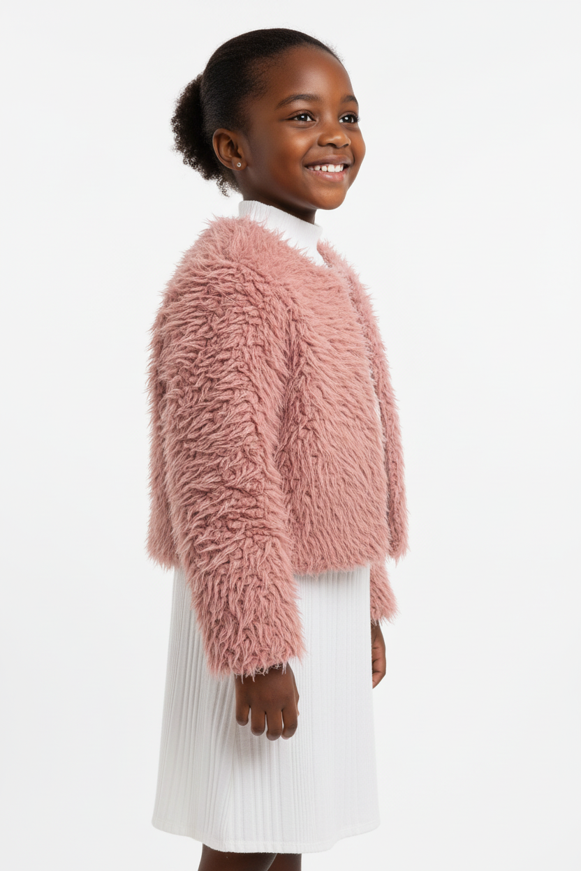 Fillette portant ensemble veste fausse fourrure robe côtelée - vue de profil latérale - détail texture moelleuse élégante - photo produit fond blanc - BabyCoton Suisse
