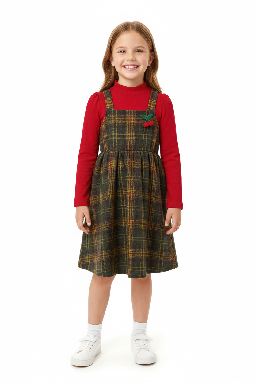 Ensemble 2 pièces haut manches longues et robe à carreaux pour petite fille - vue de face - style champêtre-chic polyvalent - BabyCoton Suisse
