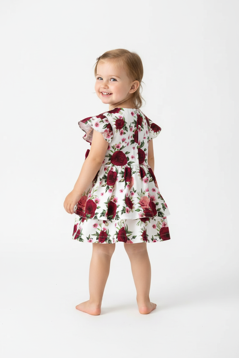Fillette portant robe fleurie à volants col rond manches bouffantes - vue arrière - détail coupe et finitions - photo produit fond blanc - BabyCoton
