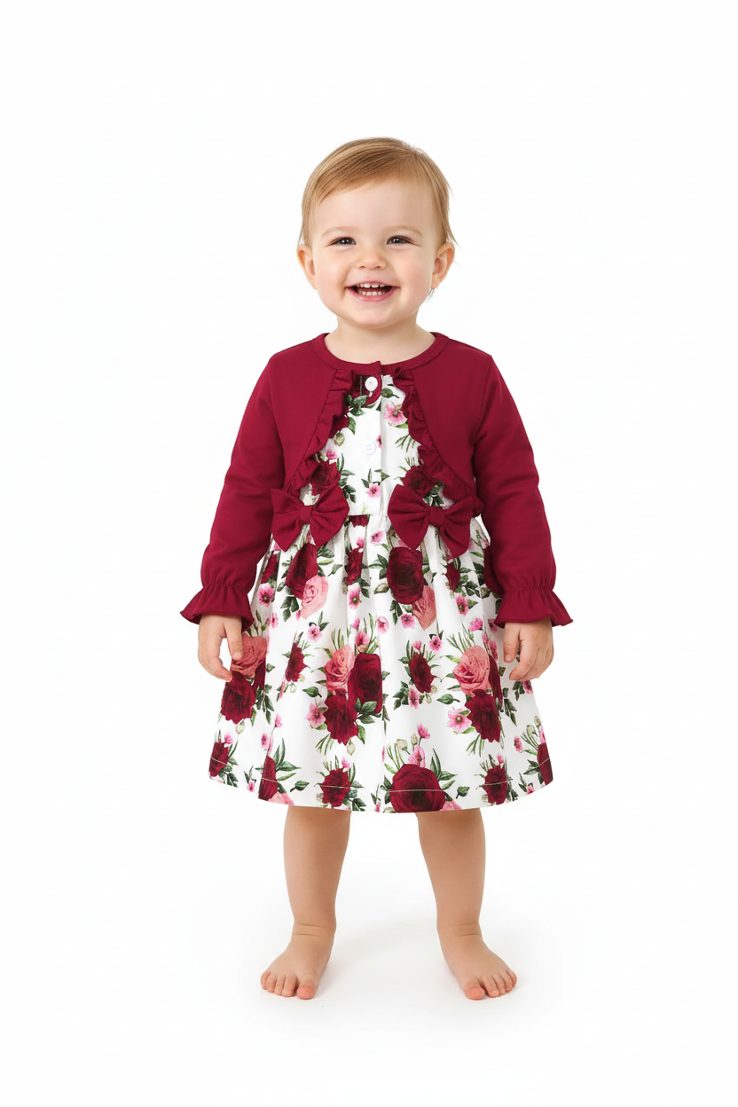 Fillette portant robe fleurie à volants col rond manches bouffantes - vue de face fond blanc - style romantique fleuri - photo produit BabyCoton Suisse
