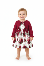 Fillette portant robe fleurie à volants col rond manches bouffantes - vue de face fond blanc - style romantique fleuri - photo produit BabyCoton Suisse
