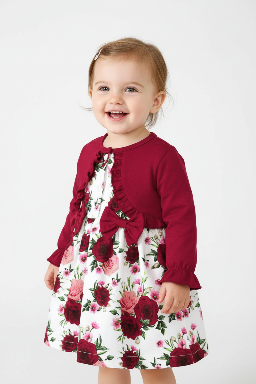 Fillette portant robe fleurie à volants col rond manches bouffantes - vue trois-quarts - détail design romantique fleuri - photo produit fond blanc - BabyCoton Suisse
