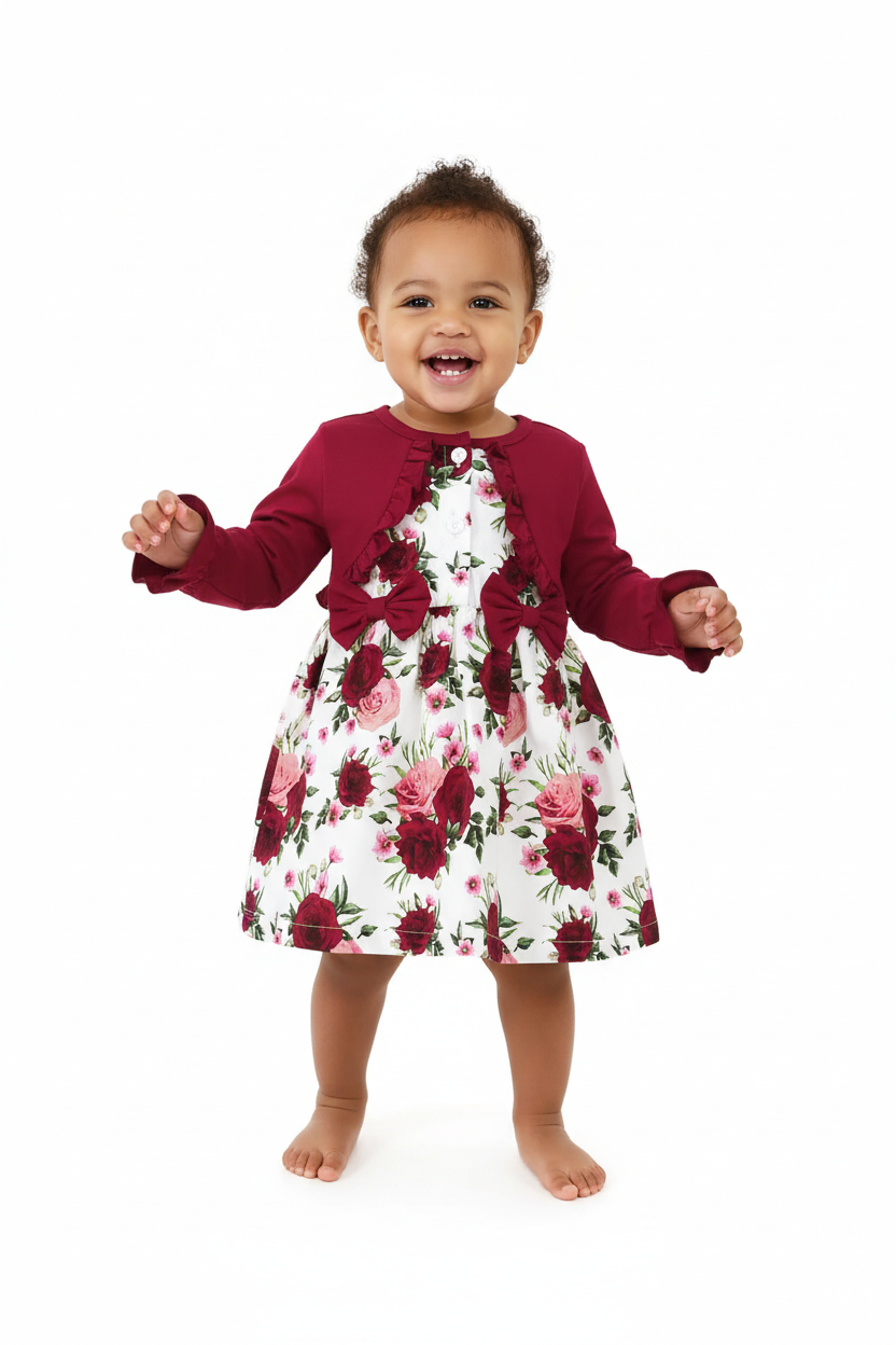 Fillette en robe fleurie volants manches bouffantes - pose joyeuse ludique - style romantique fleuri - photo lifestyle fond blanc - BabyCoton
