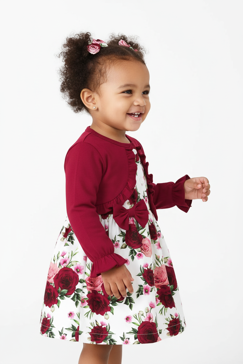 Fillette portant robe fleurie volants manches bouffantes - vue de profil latérale - détail motif floral délicat - photo produit fond blanc - BabyCoton Suisse
