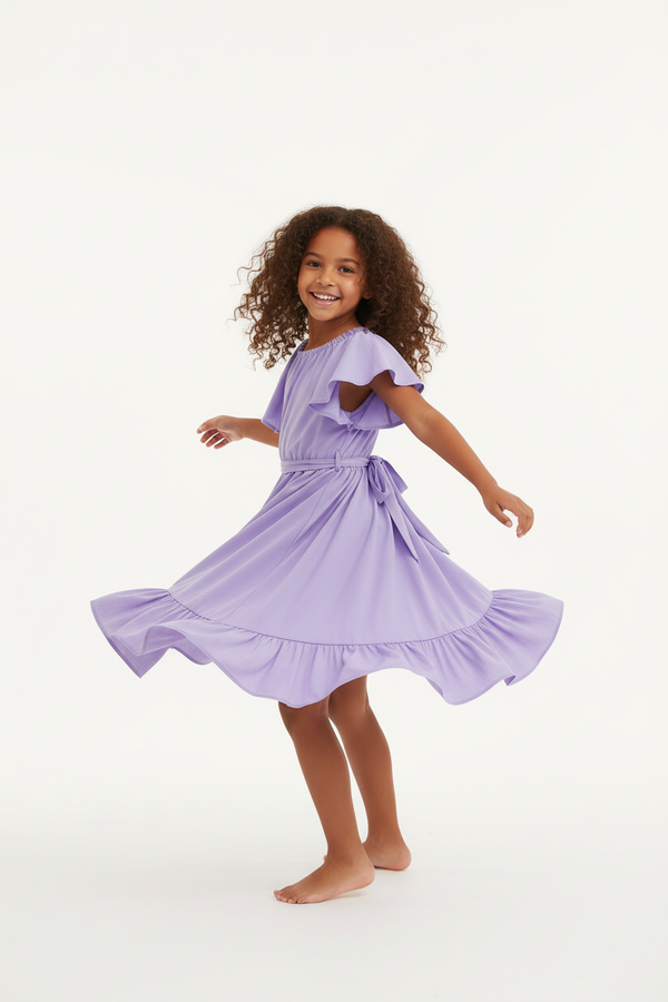 Fillette tournoyant dans robe volants dos noué manches papillon - mouvement fluide gracieux - style romantique délicat - photo lifestyle fond blanc - BabyCoton
