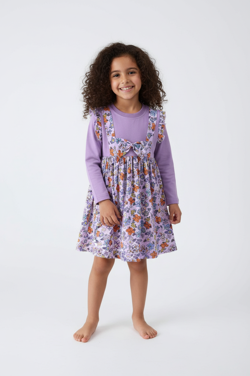 Fillette moyen portant robe violette à fleurs - vue complète