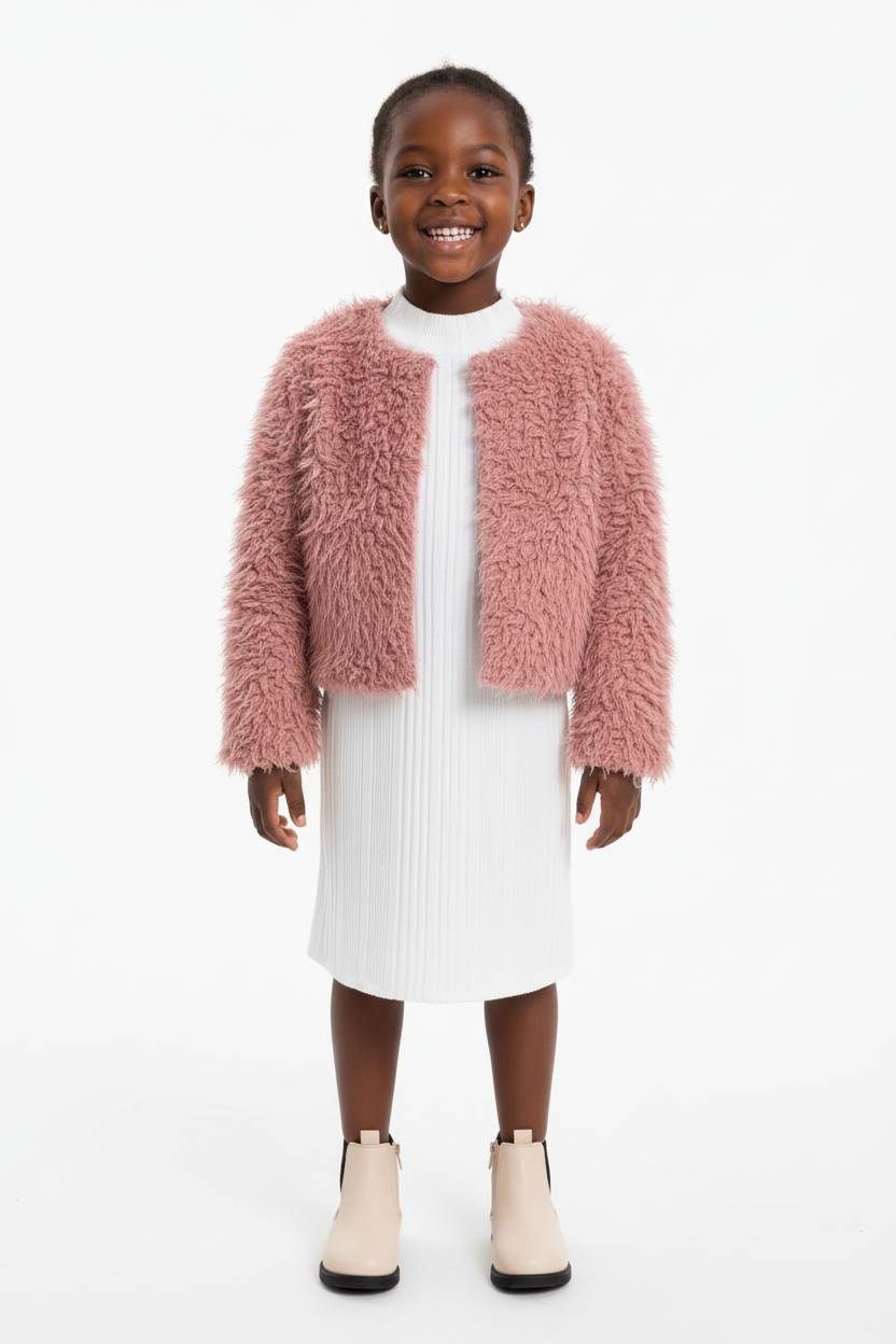 Fillette portant ensemble veste fausse fourrure et robe côtelée 2 pièces - vue de face fond blanc - style glamour luxueux - photo produit BabyCoton Suisse
