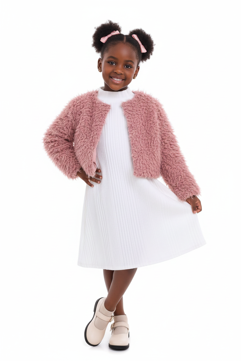Fillette en ensemble veste fausse fourrure robe côtelée - pose princesse élégante - style glamour occasions spéciales - photo lifestyle fond blanc - BabyCoton Suisse
