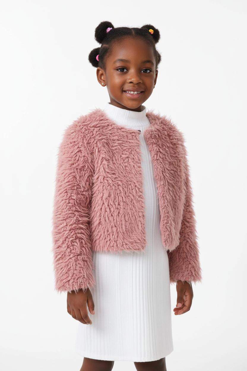 Fillette portant ensemble veste fausse fourrure et robe côtelée - vue trois-quarts - détail design luxueux sophistiqué - photo produit fond blanc - BabyCoton Suisse
