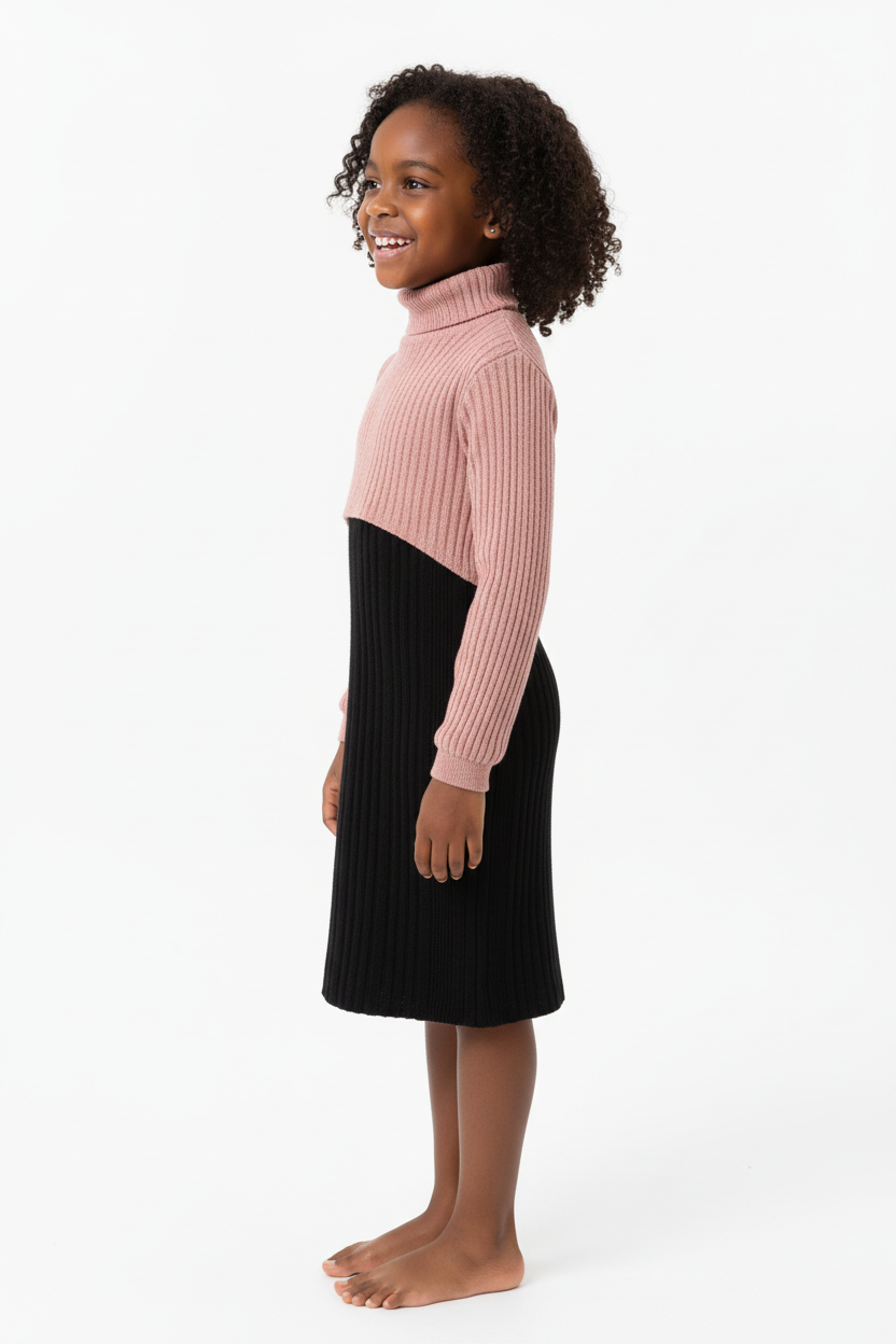 Fillette noire robe tricot côtelé bicolore profil