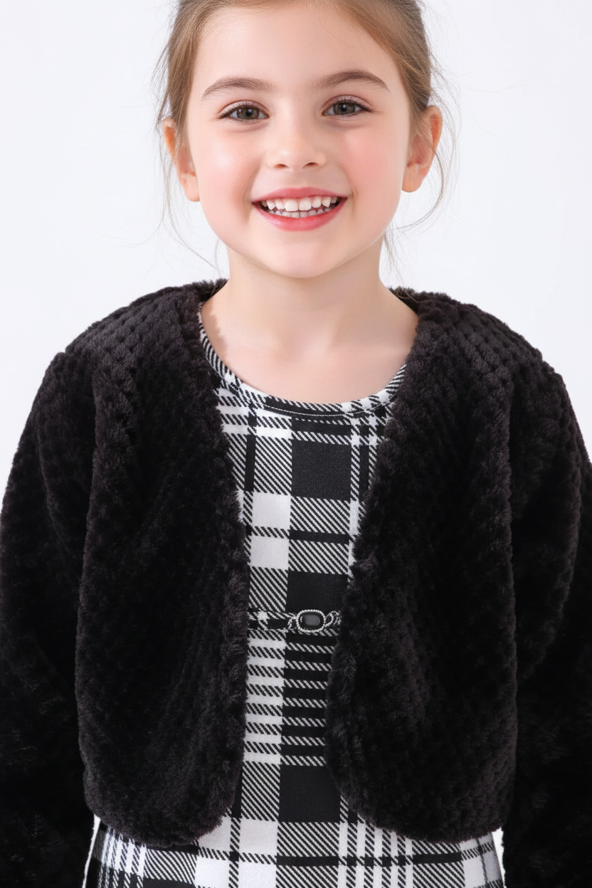 Gros plan détail ensemble cardigan moelleux texture douce et robe à carreaux - texture moelleuse visible motif carreaux champêtre - fillette souriante heureuse - finitions premium - BabyCoton
