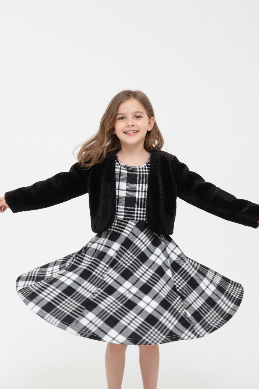Fillette tournoyant dans ensemble cardigan moelleux et robe à carreaux - pose dynamique robe en mouvement - enfant heureuse cocooning - style champêtre élégant - fond blanc studio professionnel - BabyCoton Suisse
