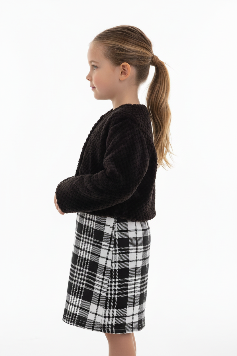 Fillette portant ensemble cardigan moelleux et robe à carreaux - vue de profil latérale - silhouette élégante cocooning - motif carreaux champêtre visible - fond blanc studio - BabyCoton Suisse
